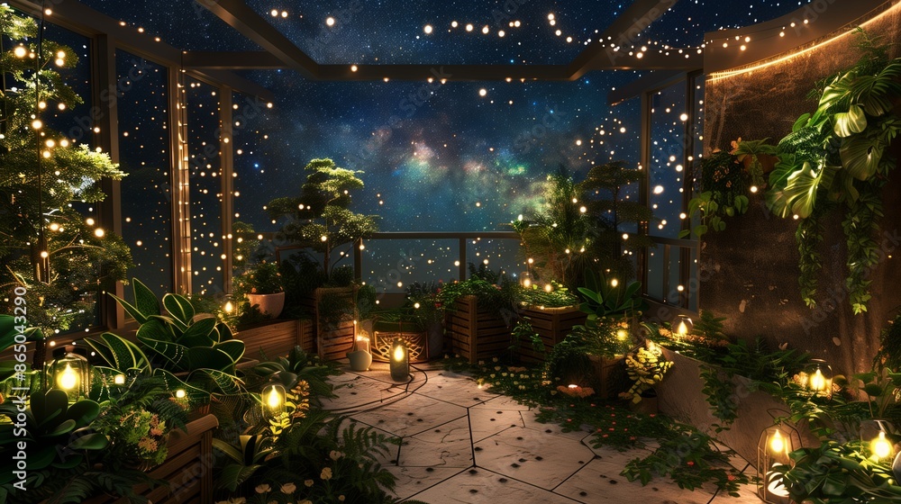 Fototapeta premium A celestial rooftop garden guest room with celestial garden decor, lush greenery, twinkling lights, and a panoramic view of a starry night sky for a celestial and serene garden retreat.