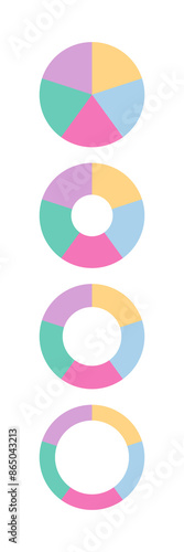 100 percent round pie chart. Circular progress bar with 5 segments. Circle loading template. Piechart with slices. Schemes with sectors. Progress diagram structure. Vector illustration