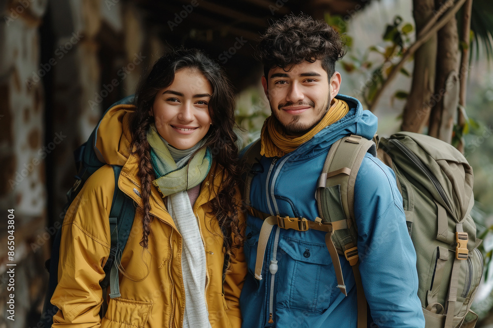 a young Latino couple ready to travel with backpacks and suitcases a young Latino couple ready to travel with backpacks and suitcases