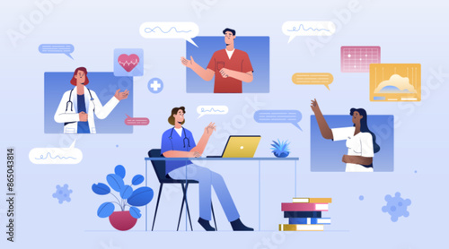 Online medical conference or webinar. Doctors on video call. Healthcare workers communicating. Medical education lecture, training course or physician internet seminar. Students listening professor