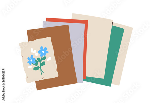 Coloured, pastel, watercolor and DIY handmade handcrafted paper and carton sheets, top view. Art and craft supplies, materials for scrapbooking. Flat vector illustration isolated on white background