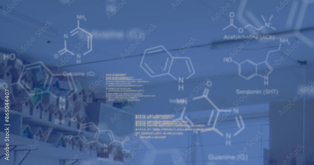 Image of chemical structures and data processing over laboratory Image of chemical structures and data processing over laboratory