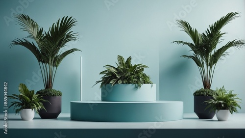 Podium with plant decorations, podium for product promotion, podium with beautiful colors, 3d rendering of product promotion podium © yogia10