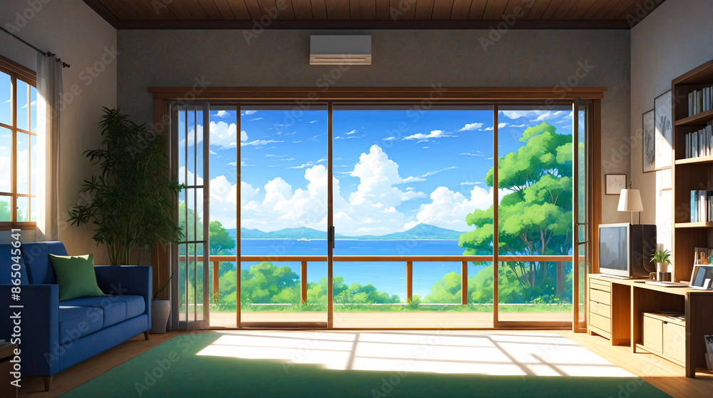 Obraz premium Living room: An anime room with ocean view from window.