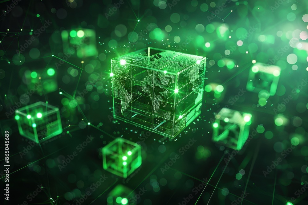 Digital globe with glowing green cubes, representing global connectivity and data exchange. Digital globe with glowing green cubes, representing global connectivity and data exchange.