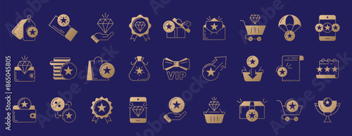 Exclusive benefits icon. Loyalty program offer line icons set with bonus card, vip member, discount voucher. Golden linear gift box, sale coupon, reward, shopping bag, star coins in wallet or basket.