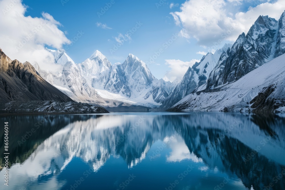 Lake surrounded by snow-draped mountains under clear blue sky, A tranquil lake surrounded by towering mountains, their snowy peaks reflected in the water Lake surrounded by snow-draped mountains under clear blue sky, A tranquil lake surrounded by towering mountains, their snowy peaks reflected in the water