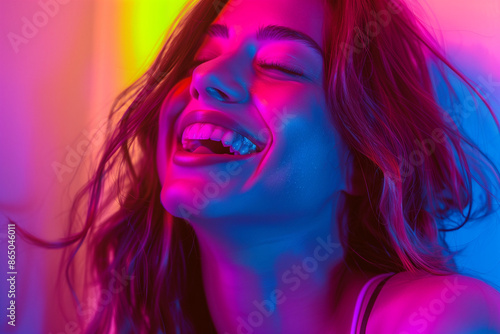 woman laughing , in the style of photo-realistic compositions, neon pop, close up, warmcore, emotive faces, photo-realistic hyperbole, in the style of magenta, contemporary candy-coated, high gloss, v