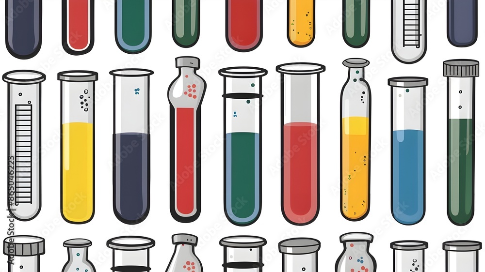 test tubes of different shapes and sizes with different colored liquid on a white background test tubes of different shapes and sizes with different colored liquid on a white background