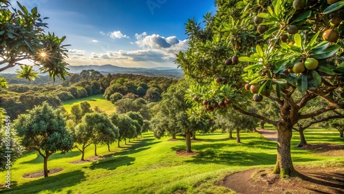 Serene Australian landscape featuring lush macadamia trees with ripening nuts in a picturesque orchard near Byron Bay, NSW.