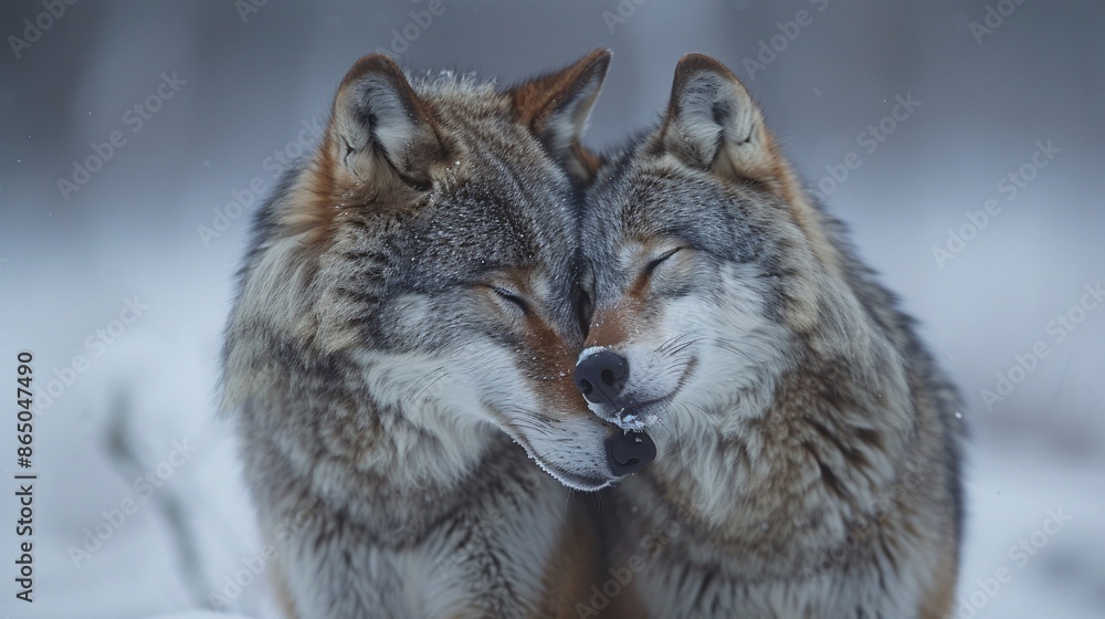 Fototapeta premium Two wolves nuzzling in the snow.