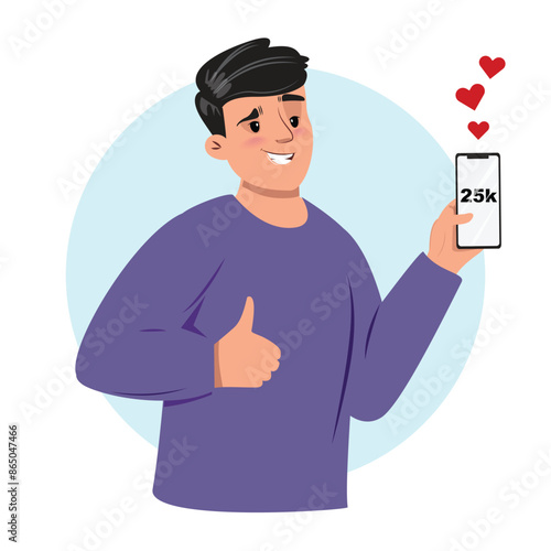 Man showing his smartphone with 25k likes and giving a thumb up, symbolizing the achievement of a viral post on social media