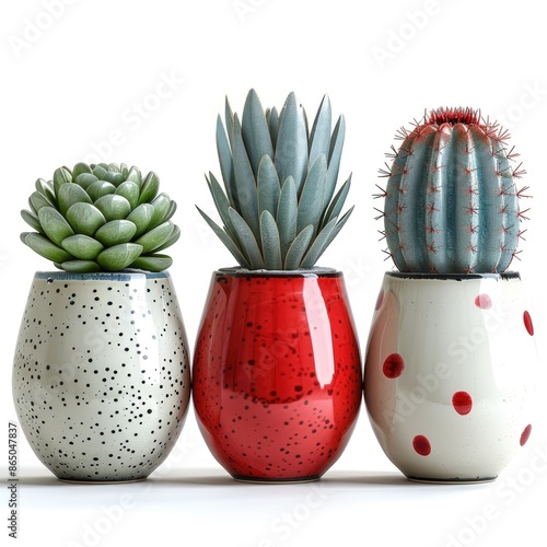 3 ceramic pots decorated with succulents on a white background, Perfect for home decor, gardening inspiration and nature enthusiasts  photo