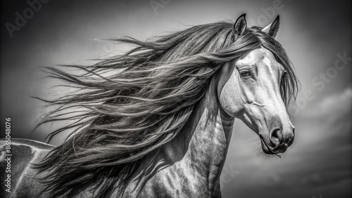 Majestic Spanish purebred horse with luxuriant long mane poses elegantly in stunning black-and-white close-up portrait showcasing refined facial features.