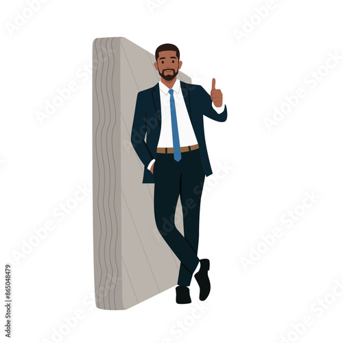 Young man in a black suit and tie leaning on wall and showing thumbs up. Flat vector illustration isolated on white background
