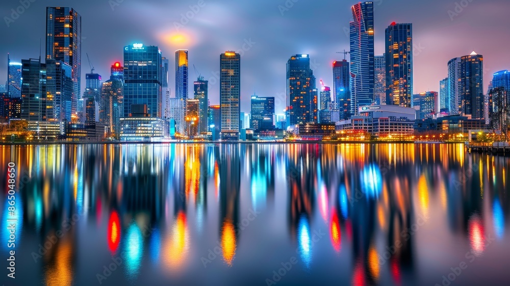 Obraz premium vibrant city skyline at night, with illuminated skyscrapers reflecting in a tranquil river below.