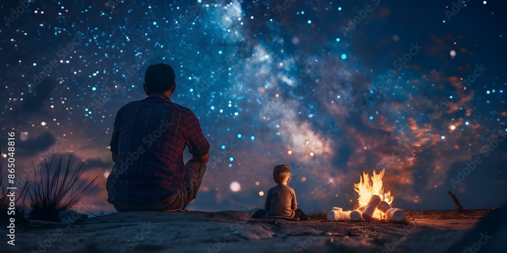 Father and child bonding while camping roasting marshmallows under starlit sky. Concept Father-Child Bonding, Camping, Roasting Marshmallows, Starlit Sky, Outdoor Experience Father and child bonding while camping roasting marshmallows under starlit sky. Concept Father-Child Bonding, Camping, Roasting Marshmallows, Starlit Sky, Outdoor Experience