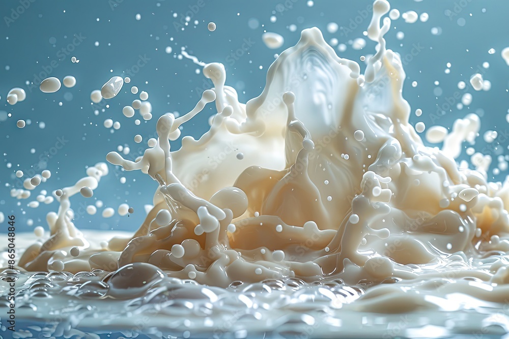 Splashing milk abstract background. Dynamic splash of milk with detailed flying droplets on pale blue background Splashing milk abstract background. Dynamic splash of milk with detailed flying droplets on pale blue background
