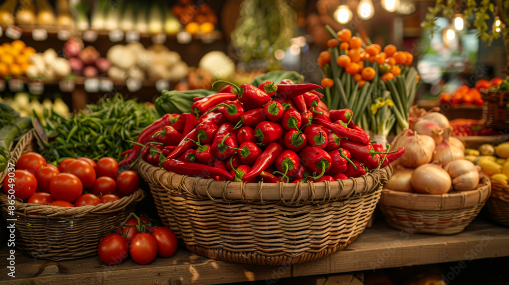 Close-up of vegetables in wooden baskets standing on the counter. Fresh fruits and vegetables are sold at the market. Food and sale concept. Close-up of vegetables in wooden baskets standing on the counter. Fresh fruits and vegetables are sold at the market. Food and sale concept.