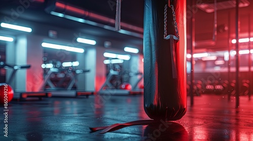 Red and black punching bag with gym background photo