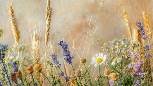 A close-up shot of wildflowers and wheat stalks in a field, captured in natural light. Generative AI photo