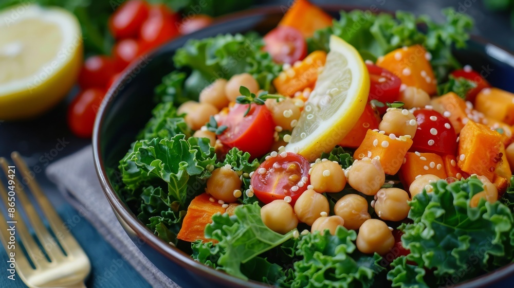 viibrant salad with kale, quinoa, roasted sweet potatoes, chickpeas, and a tangy lemon vinaigrette. viibrant salad with kale, quinoa, roasted sweet potatoes, chickpeas, and a tangy lemon vinaigrette.