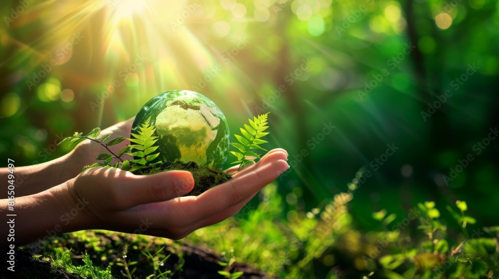 Hands hold a small green planet Earth Hands hold a small green planet Earth