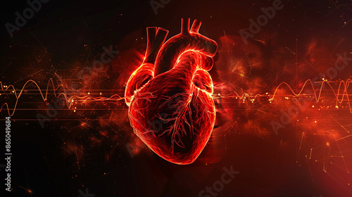 Human heart with red cardio pulse line. Creative stylized red heart cardiogram with human heart on black background. Health, cardiology, cardiovascular diseases concept