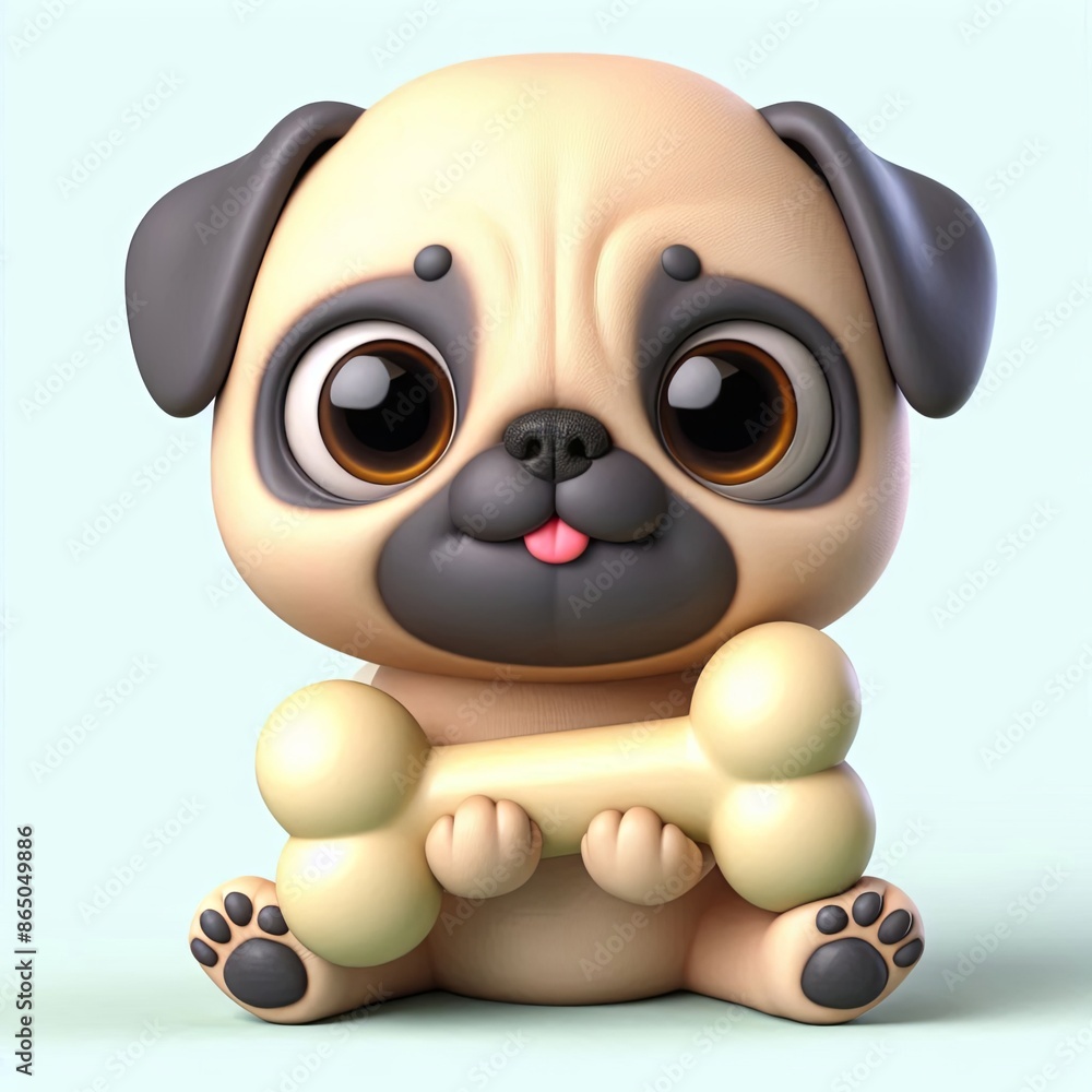 Obraz premium cute baby pug dog holding bone cartoon,3d Generative AI