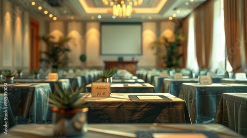 An elegant hotel conference room set up for a business seminar, with name tags on tables and a podium at the front.