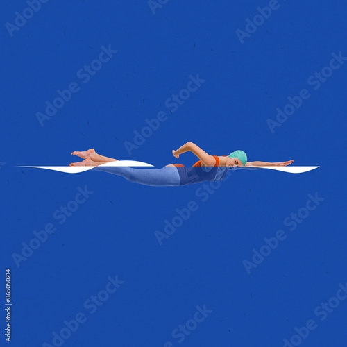 Wallpaper Mural Poster. Contemporary art collage. Woman in swimsuit and swim cap swimming in crawl style against bright blue background as at pool. Concept of hot summer holidays, vacation, journey. Ad Torontodigital.ca