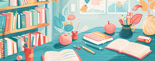 A cute set of modern illustrations that would be perfect for a poster, banner or card. There are such objects as: background, school, desk with lessons, stationery, books. © Oleksandr