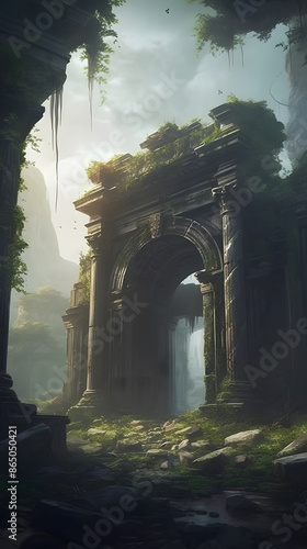 Epic Fantasy Ruins and Mysterious Waterfall in the Mist