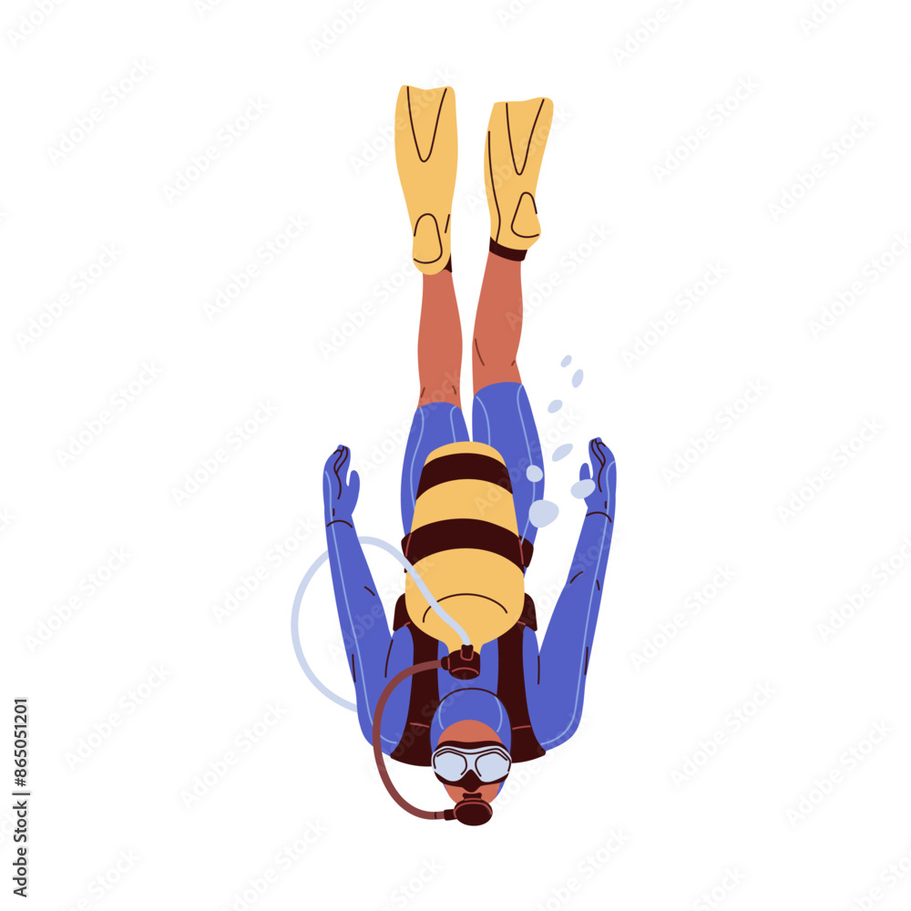 Fototapeta premium Scuba diver in suit, fins, underwater mask, swimming deep undersea. Person immersion with oxygen tank and goggles. Sea diving. Extreme sport. Flat vector illustration isolated on white background