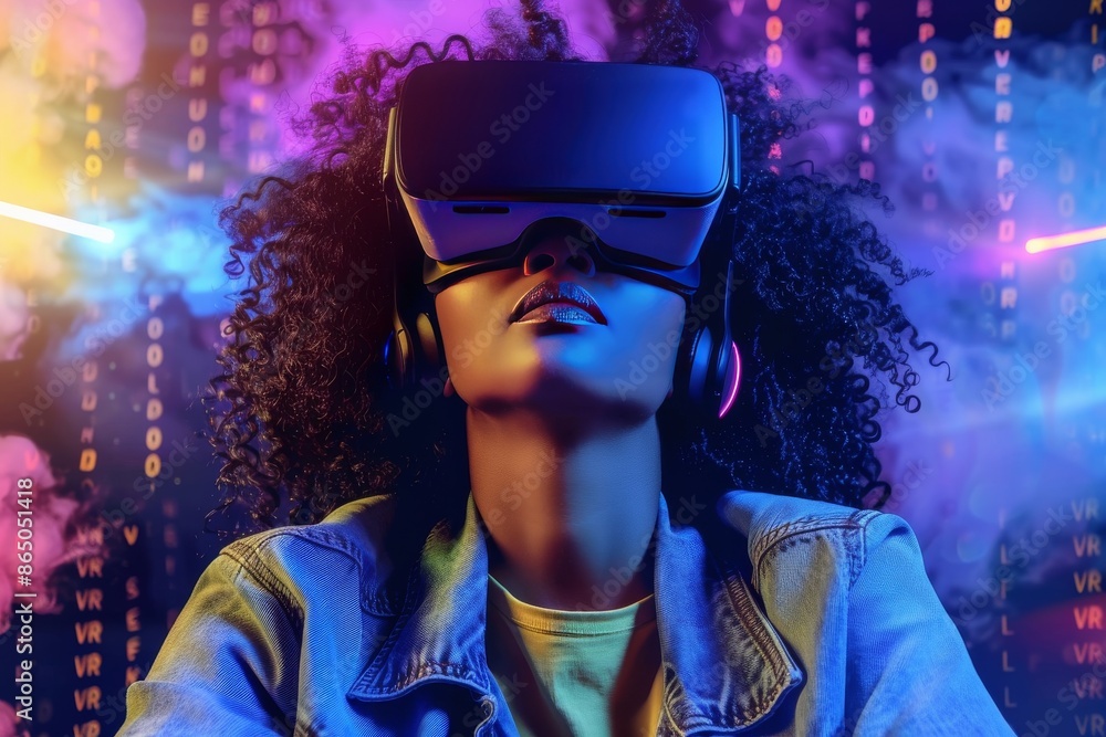 Woman using VR headset with a vibrant digital background, showcasing immersive virtual reality technology. Woman using VR headset with a vibrant digital background, showcasing immersive virtual reality technology.