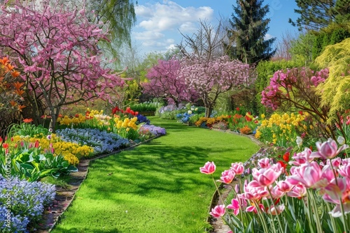 Fototapeta Naklejka Na Ścianę i Meble -  A garden bursting with colorful flowers next to a lush green field under the spring sun, A tranquil spring garden bursting with colorful flowers and blooming trees