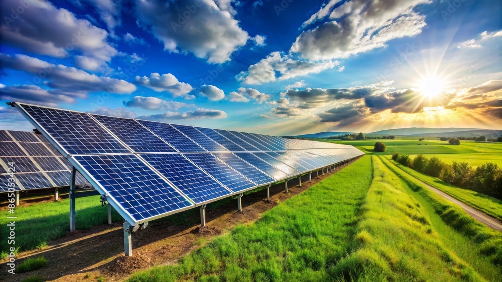Row of sleek solar panels stretching across lush agricultural field under brilliant blue sky, harnessing renewable energy efficiently naturally Row of sleek solar panels stretching across lush agricultural field under brilliant blue sky, harnessing renewable energy efficiently naturally