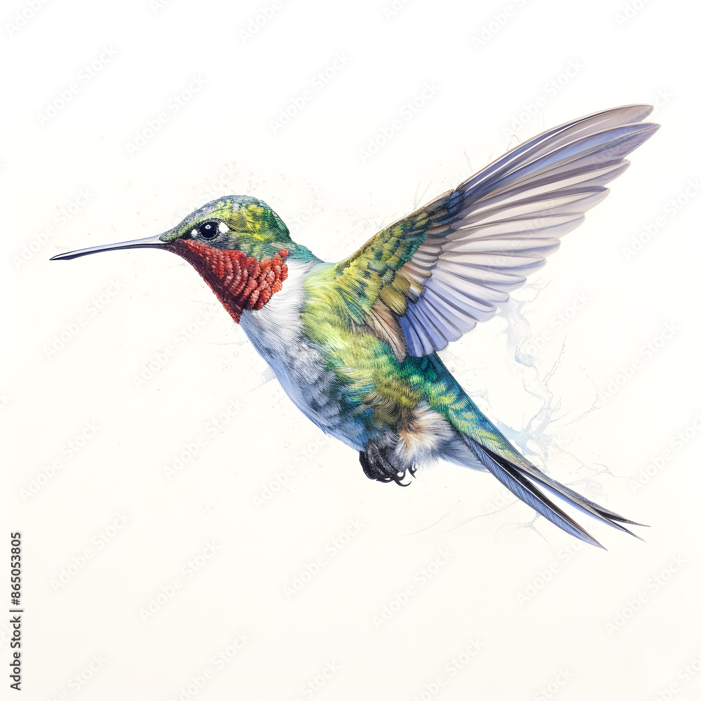 Obraz premium Flying Hummingbird in Midair with Radiant Colors and Sparkling Details