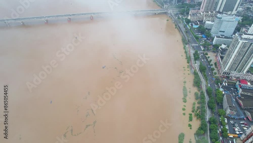 Aerial photography of Xiangjiang River flood in Zhuzhou, China photo