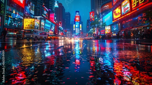Bustling, neon-lit city street at night with towering skyscrapers, glowing billboards, and a maze of traffic and pedestrians all reflected in the wet pavement © ALLAH KING OF WORLD
