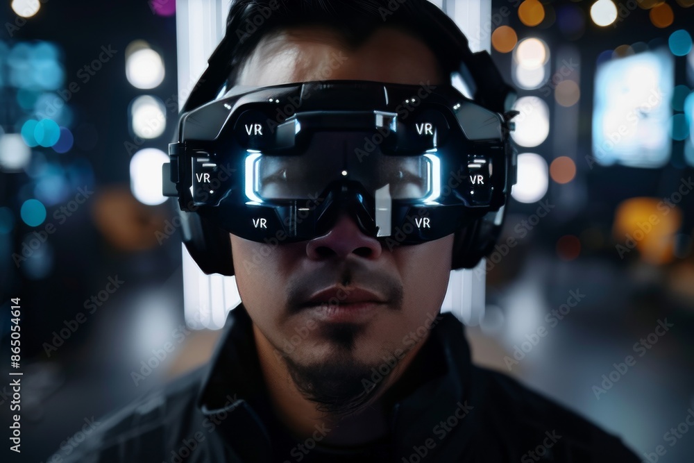 Man wearing futuristic VR headset, showcasing advanced virtual reality technology in a modern setting. Man wearing futuristic VR headset, showcasing advanced virtual reality technology in a modern setting.