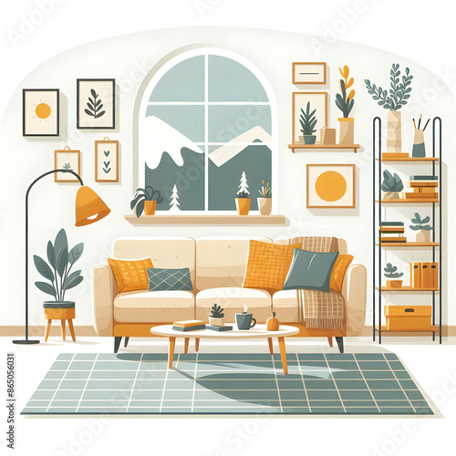 Isolated flat-style illustration of cozy living room interior with sofa and coffee table on wite background. photo