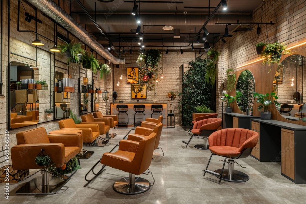 Naklejka premium A contemporary hair salon featuring orange chairs and mirrors creating a stylish atmosphere, A trendy hair salon with stylish decor and a welcoming atmosphere