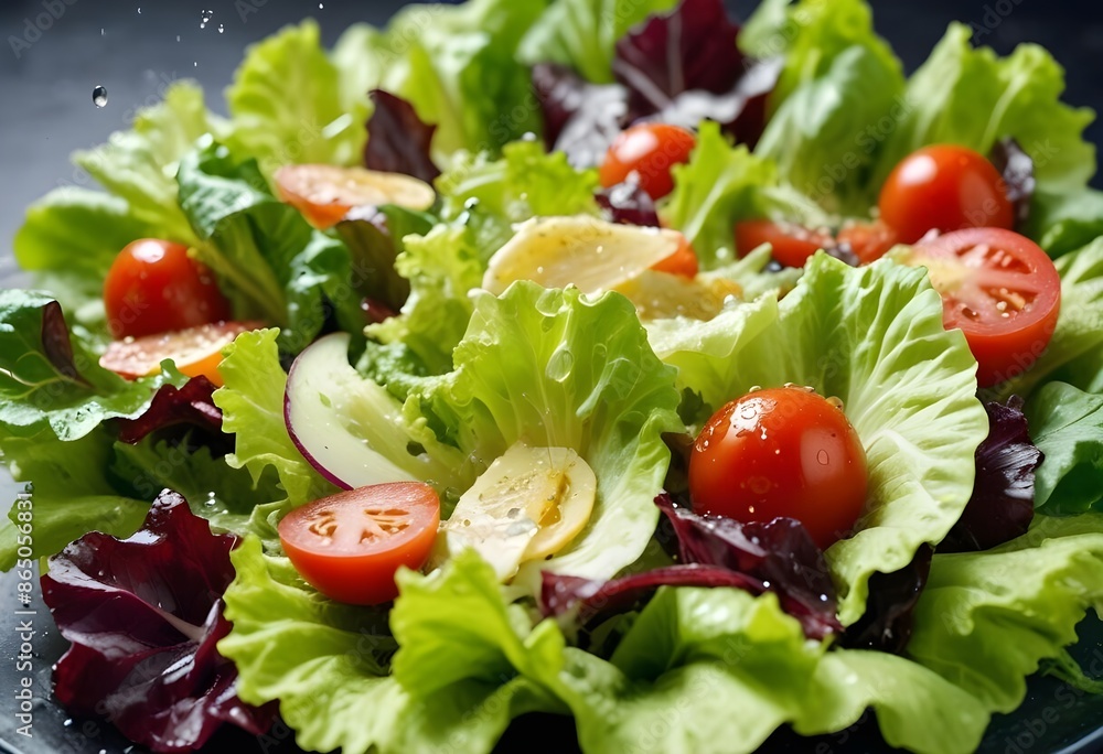 Healty fresh salad with small tomatoes, waterdrops on it, some oil and salt, littel onions, summer snack, dark background, healty card sample, fitness card sample, fitness food, healty food background Healty fresh salad with small tomatoes, waterdrops on it, some oil and salt, littel onions, summer snack, dark background, healty card sample, fitness card sample, fitness food, healty food background