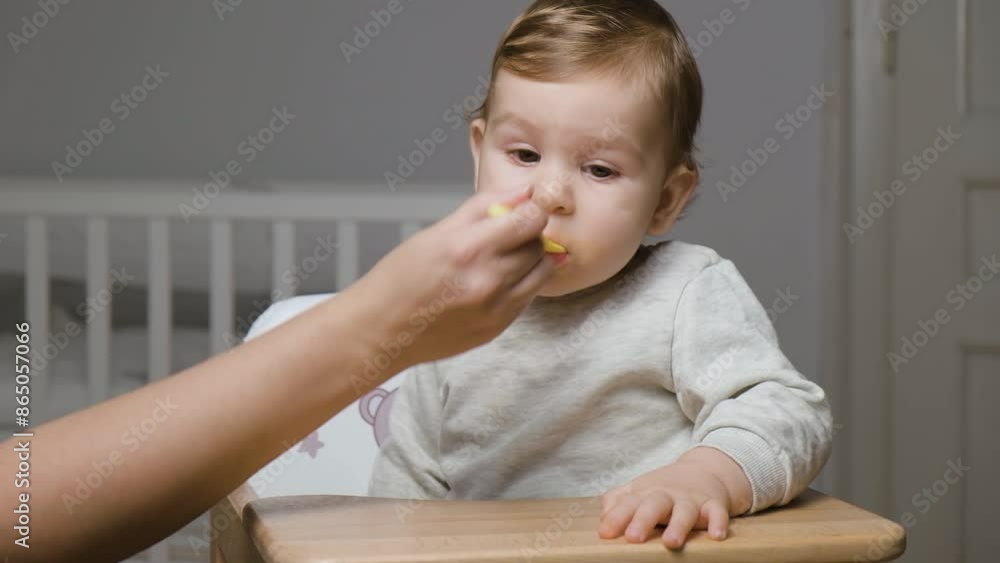 Mother feeding a baby with fruit or vegetable at home