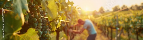 A person working in a vineyard during sunset, tending to grapevines, with lush green grapes hanging prominently in the foreground. © Chanoknan