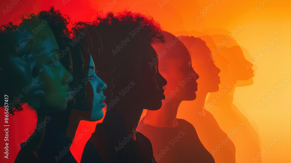 Image of people in profile in an artistic graphic style, in different colors. People of different nationalities and skin colors, different religions and creeds Image of people in profile in an artistic graphic style, in different colors. People of different nationalities and skin colors, different religions and creeds
