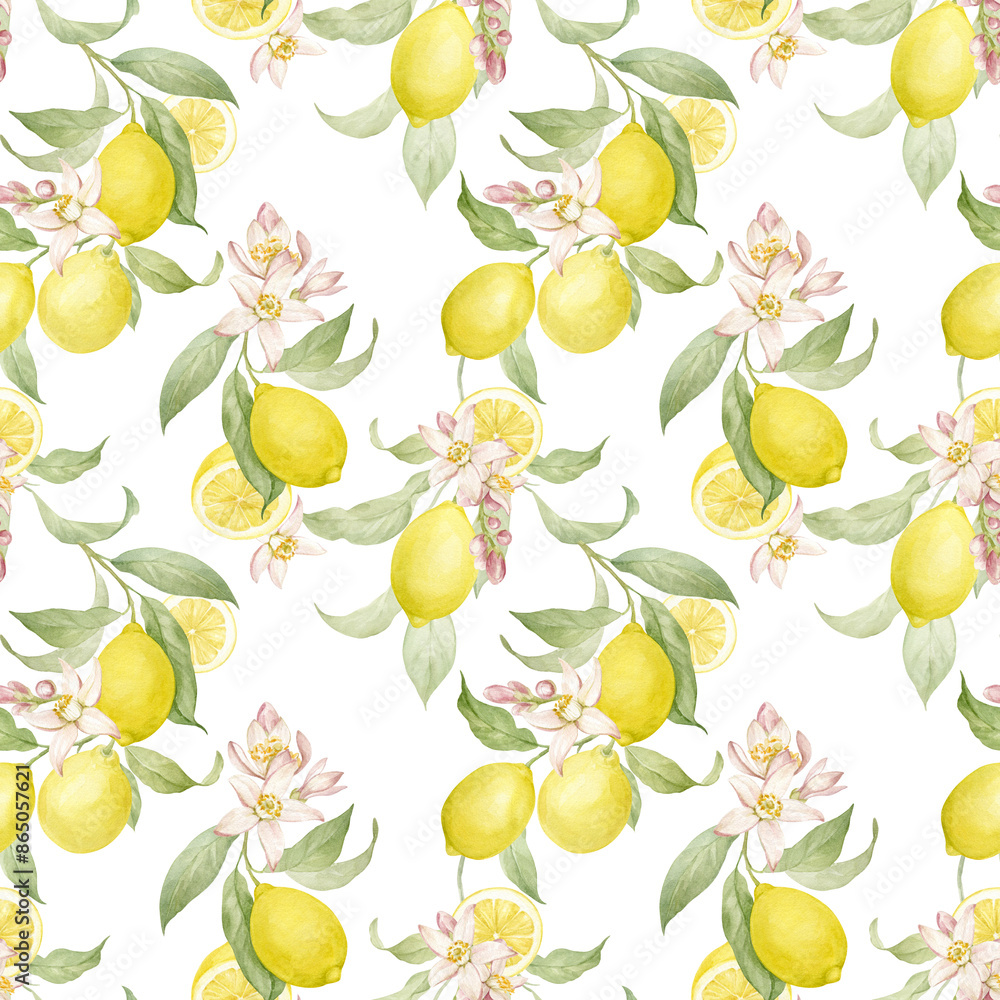 Seamless pattern of lemons. Lemon tree branches, lemon fruits and flowers in a beautiful pattern for your projects Seamless pattern of lemons. Lemon tree branches, lemon fruits and flowers in a beautiful pattern for your projects