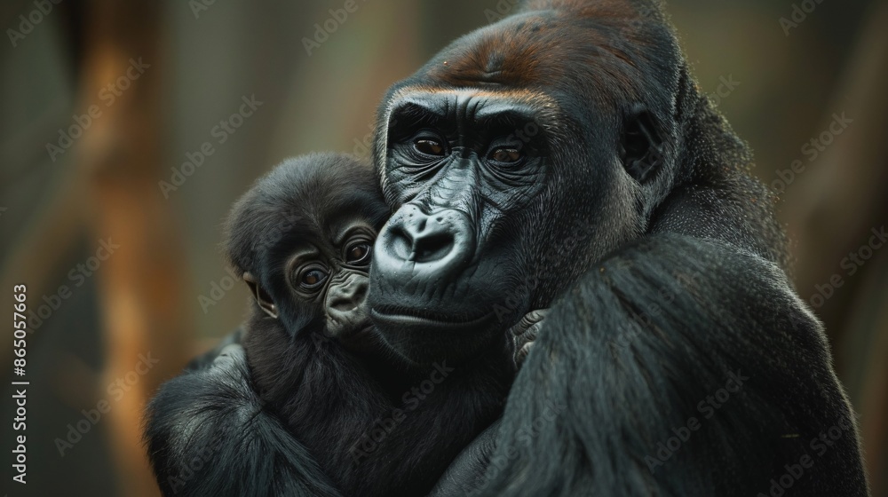 Obraz premium Gorilla mother holding baby close.