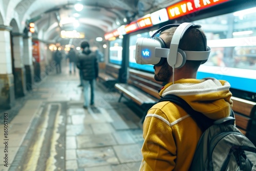 Man using VR headset in a subway, experiencing immersive virtual reality technology in a public transportation setting. © Leo